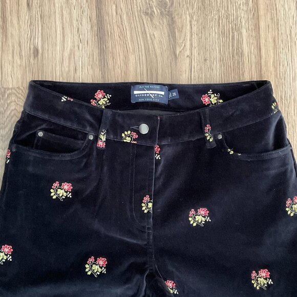 Ply The Waters Guideboat Co Blue Velvet Velour Pants Embroidered Floral Size 26 - Picture 2 of 8